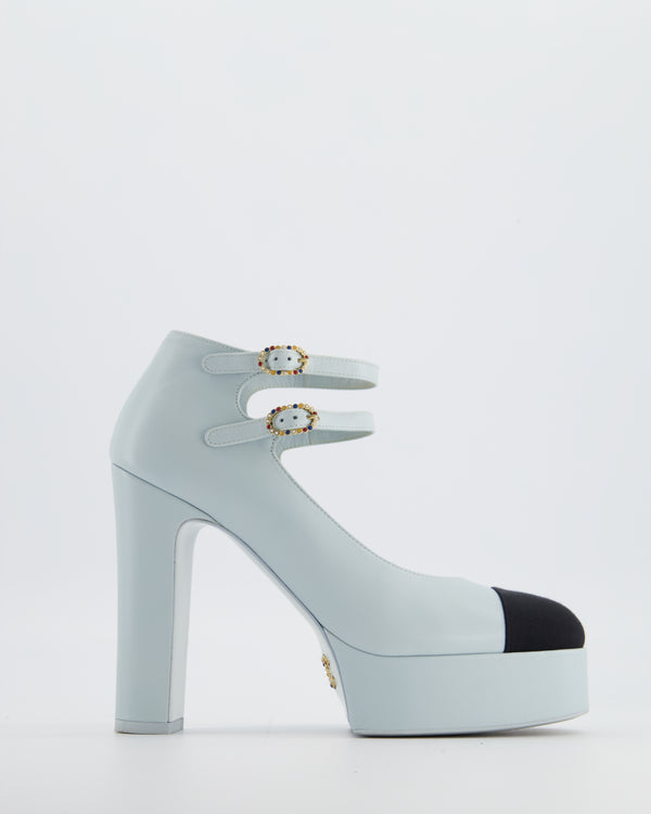 Chanel Platform Mary Janes in Baby Blue Leather with Embellished Details Size EU 38