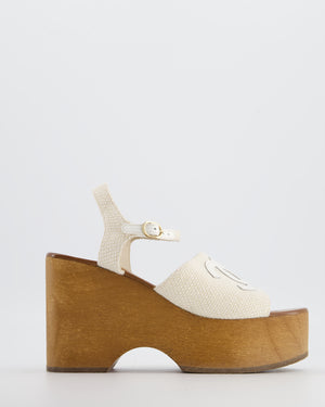Chanel Cream and Brown Canvas Platform CC Wedge Sandals with Patent Logo Detail Size EU 38C