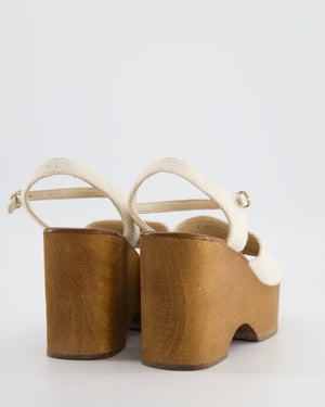 Chanel Cream and Brown Canvas Platform CC Wedge Sandals with Patent Logo Detail Size EU 38C