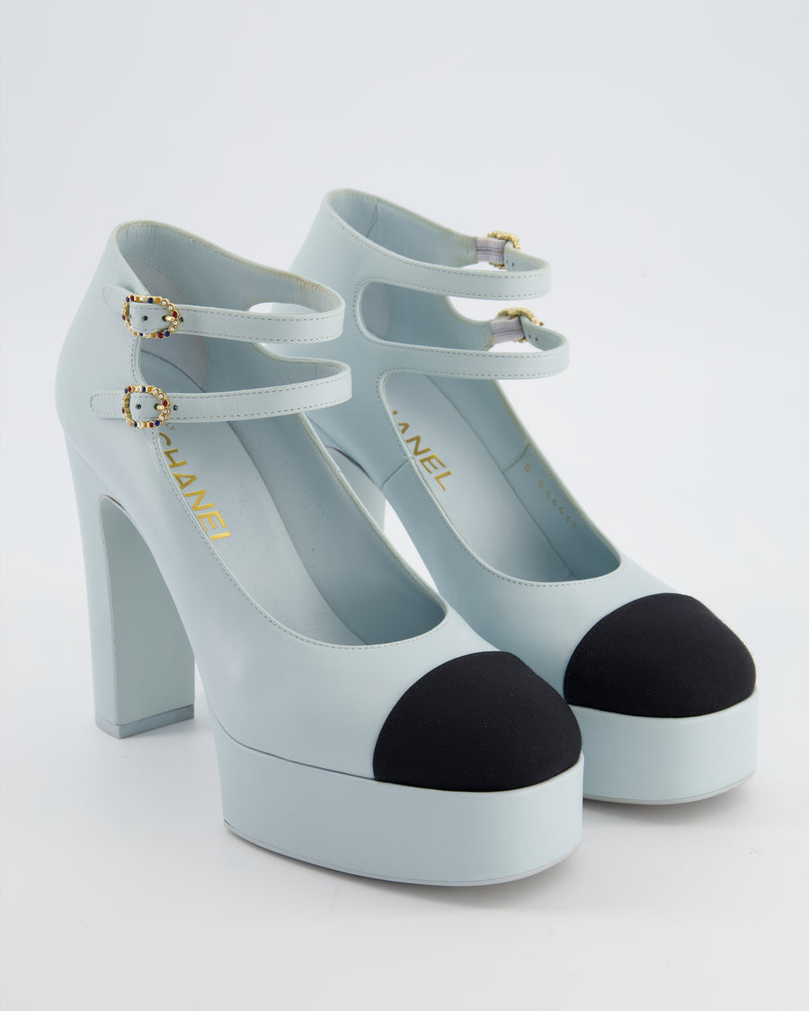 Chanel Platform Mary Janes in Baby Blue Leather with Embellished Details Size EU 38