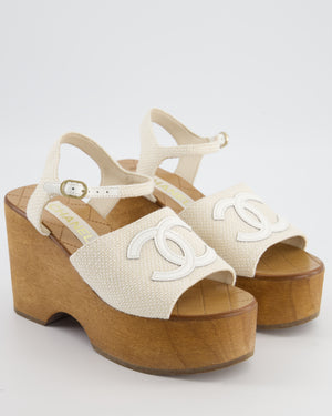 Chanel Cream and Brown Canvas Platform CC Wedge Sandals with Patent Logo Detail Size EU 38C