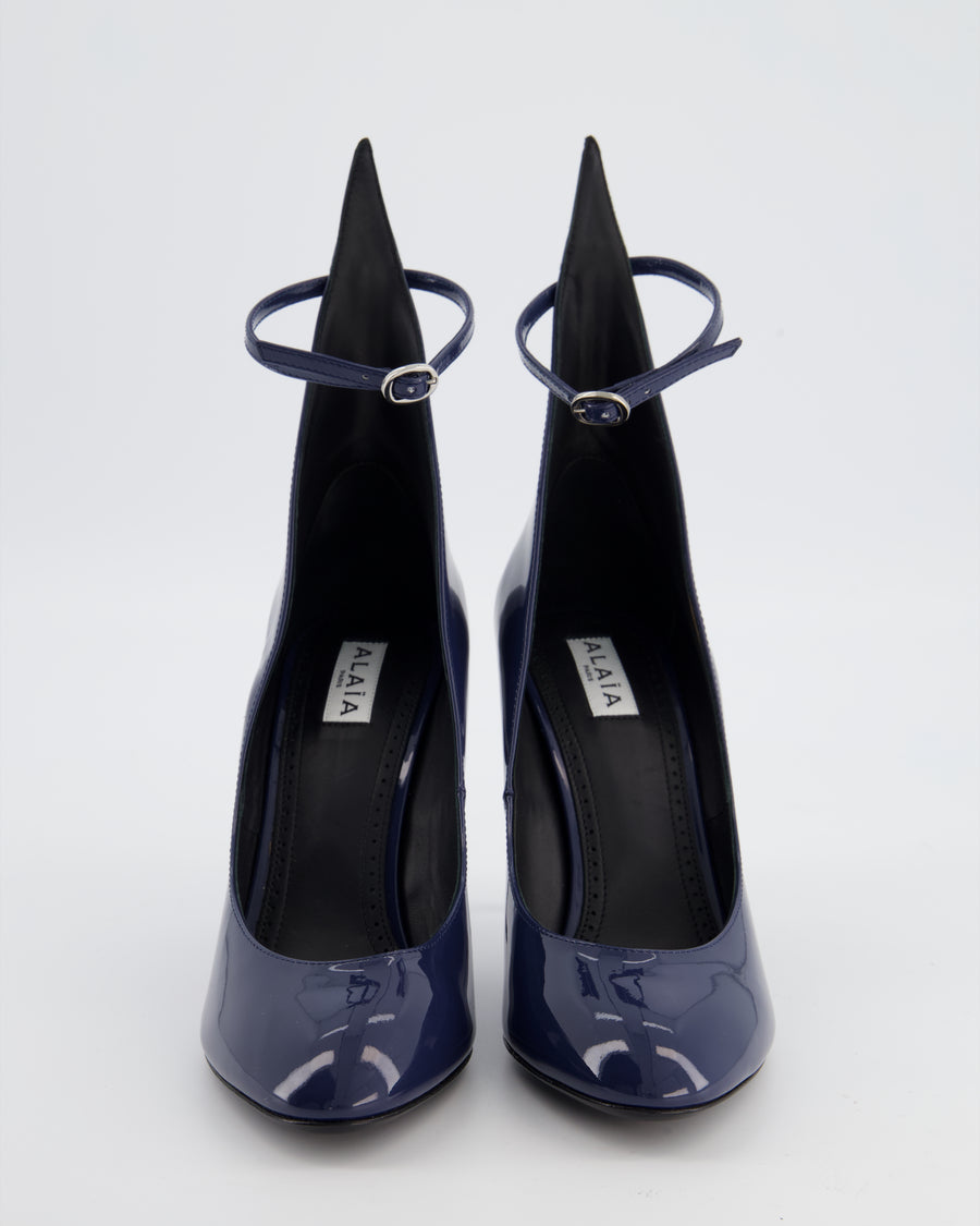 Alaïa 90 Navy Patent-Leather Heeled Pumps with Ankle Detail Size EU 38
