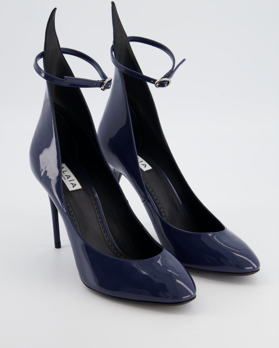 Alaïa 90 Navy Patent-Leather Heeled Pumps with Ankle Detail Size EU 38