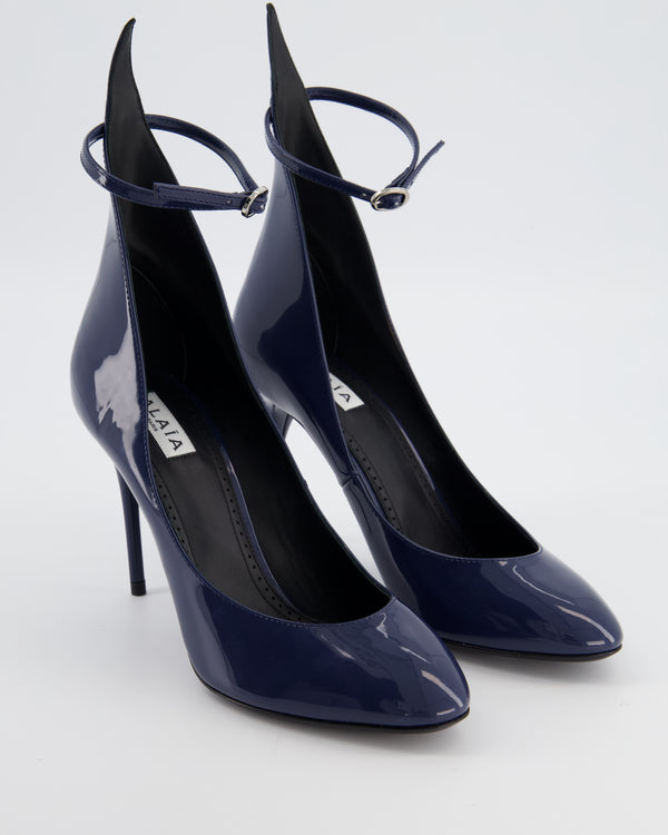 Alaïa 90 Navy Patent-Leather Heeled Pumps with Ankle Detail Size EU 38