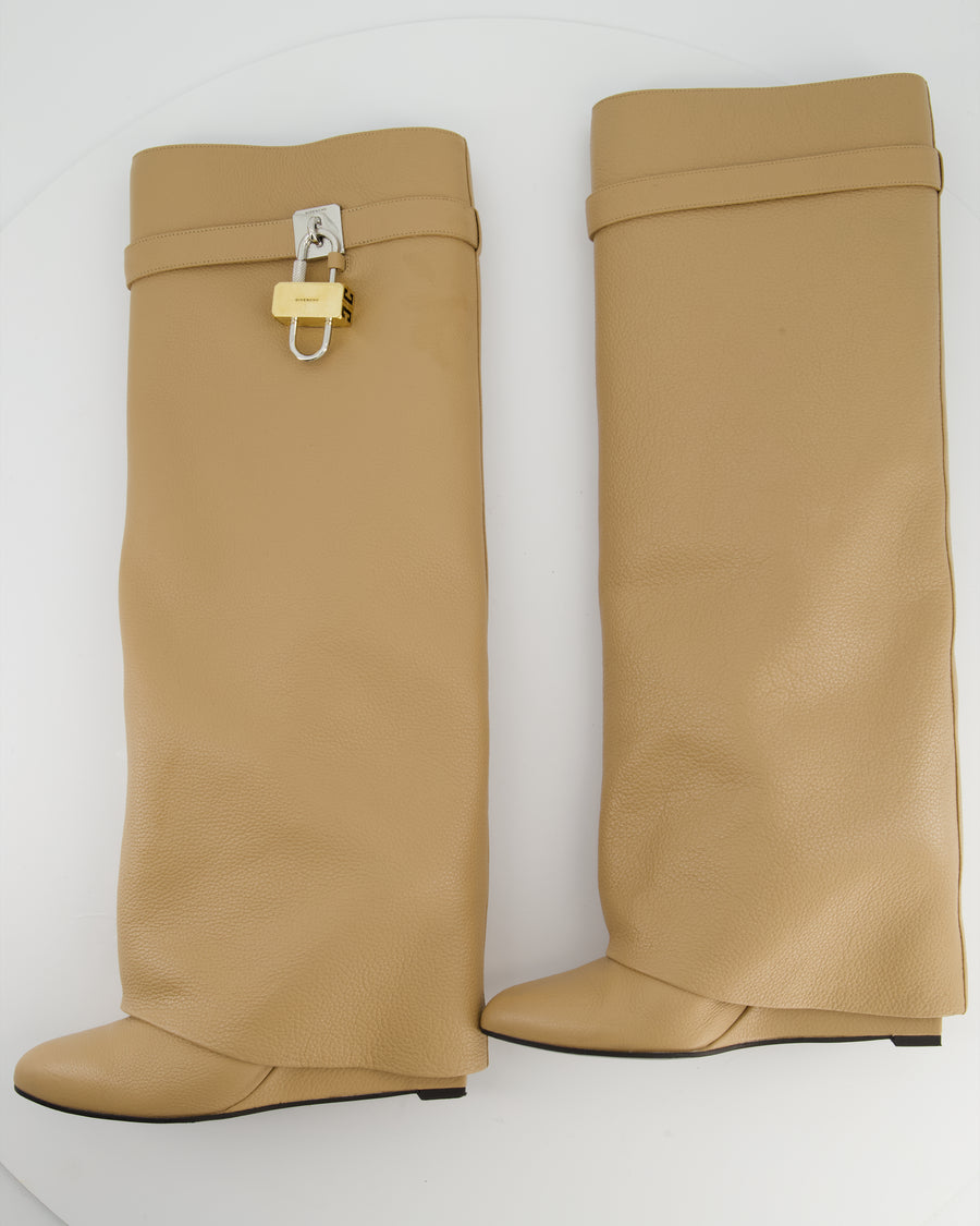 Givenchy Beige Leather Shark Lock Biker Knee-high Boots Size EU 39