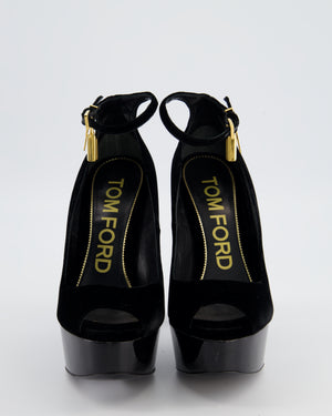 Tom Ford Black Velvet Platform Heels with Gold Ankle Lock Detail Size EU 38