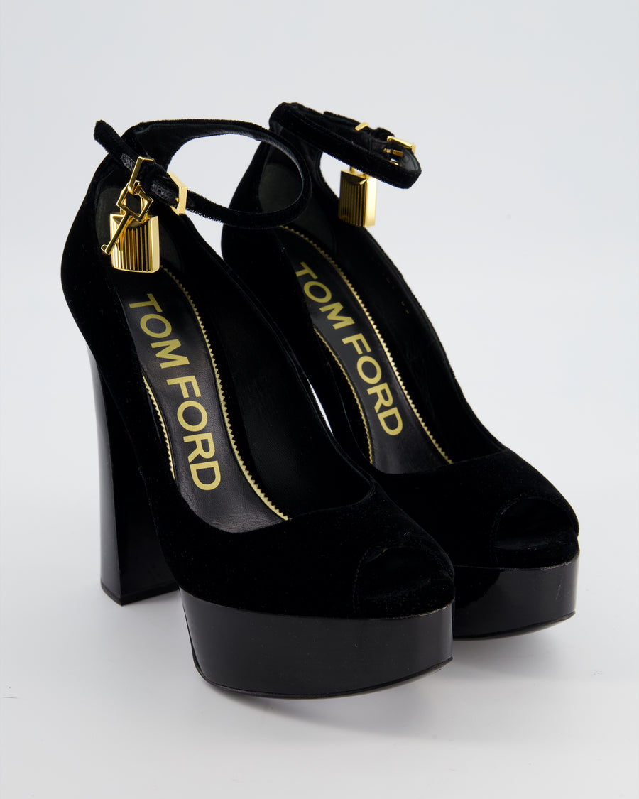 Tom Ford Black Velvet Platform Heels with Gold Ankle Lock Detail Size EU 38