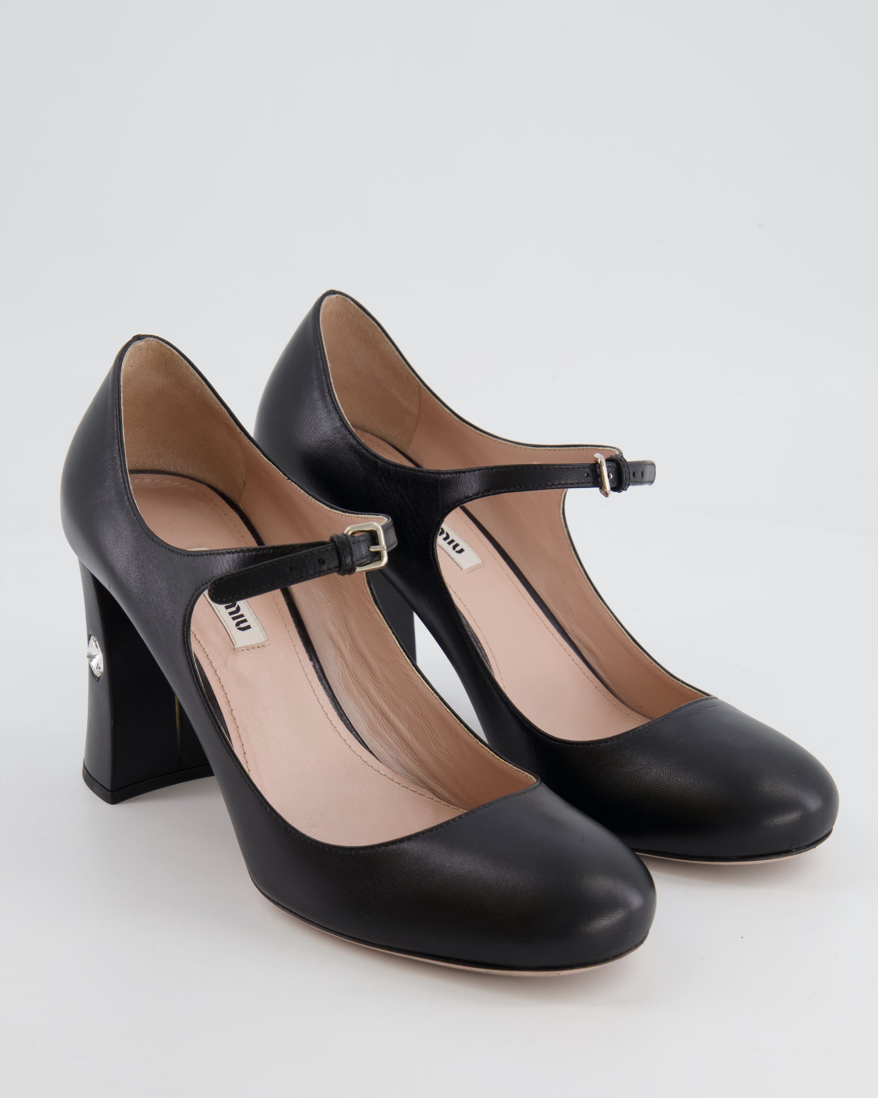 Miu Miu Black Leather Mary Jane Heeled Shoes with Crystals Size EU