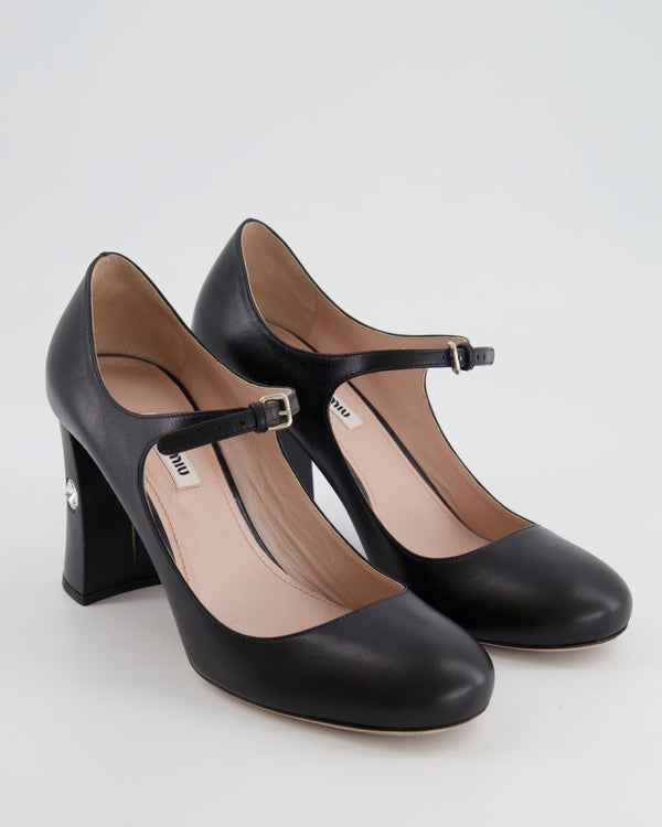 Miu Miu Black Leather Mary Jane Heeled Shoes with Crystals Size EU 39