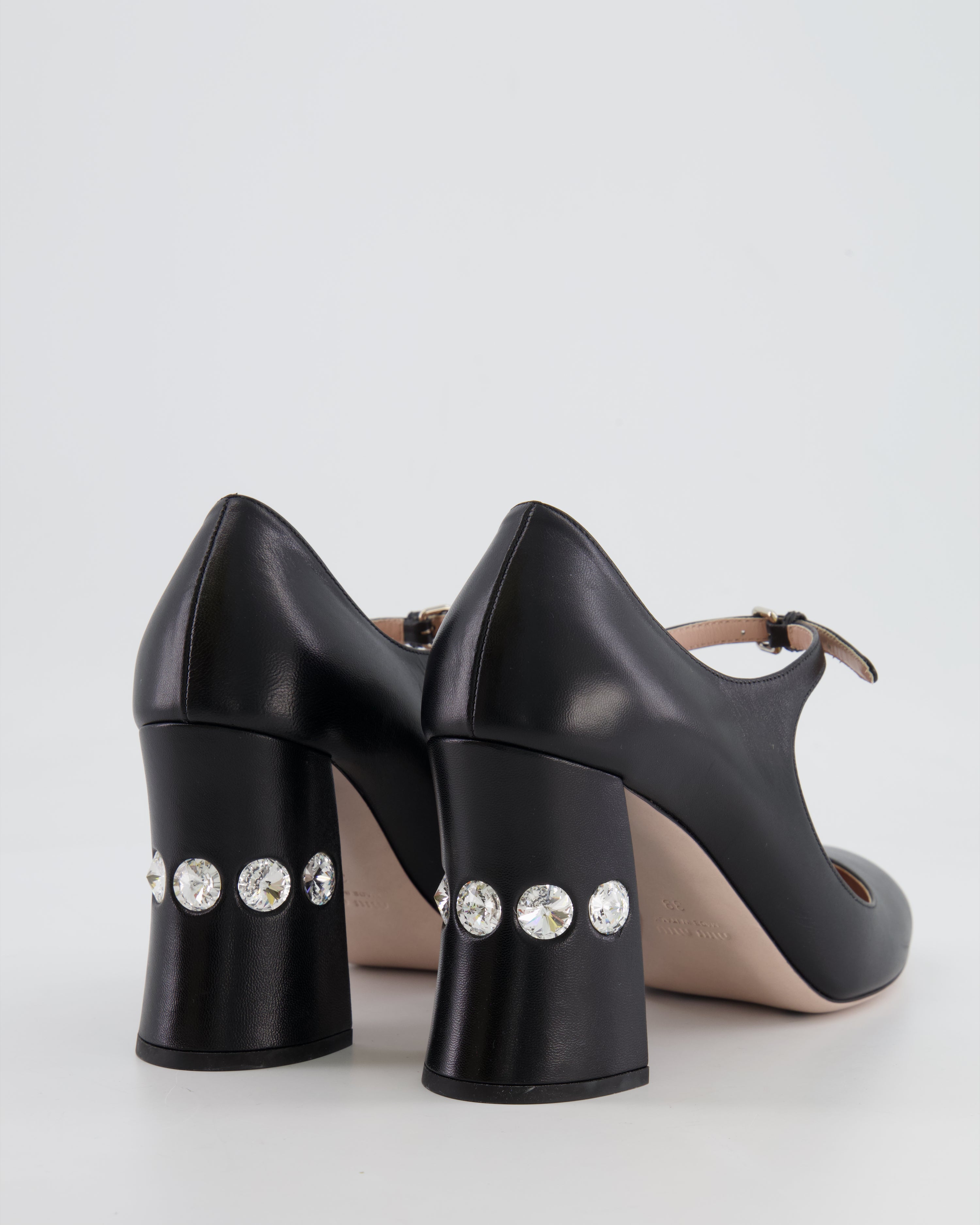 Miu Miu Black Leather Mary Jane Heeled Shoes with Crystals Size EU