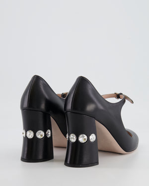 Miu Miu Black Leather Mary Jane Heeled Shoes with Crystals Size EU 39