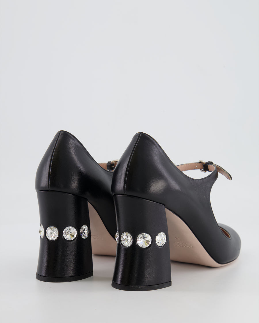 Miu Miu Black Leather Mary Jane Heeled Shoes with Crystals Size EU 39