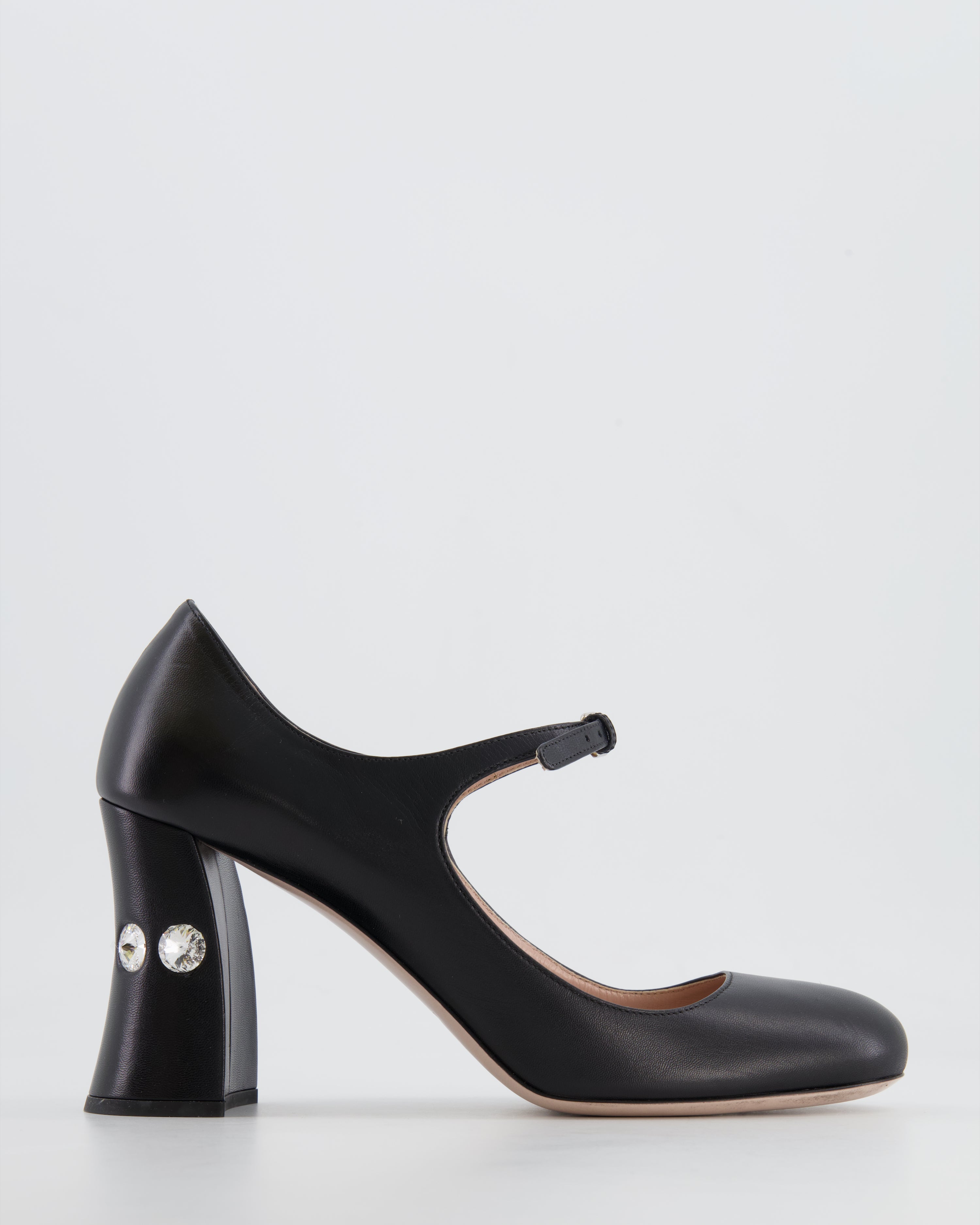 Miu Miu Black Leather Mary Jane Heeled Shoes with Crystals Size EU