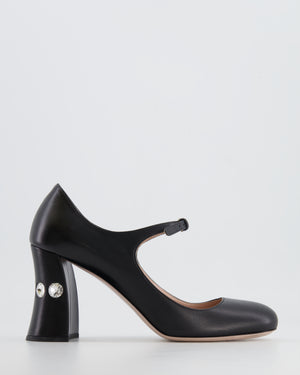Miu Miu Black Leather Mary Jane Heeled Shoes with Crystals Size EU 39