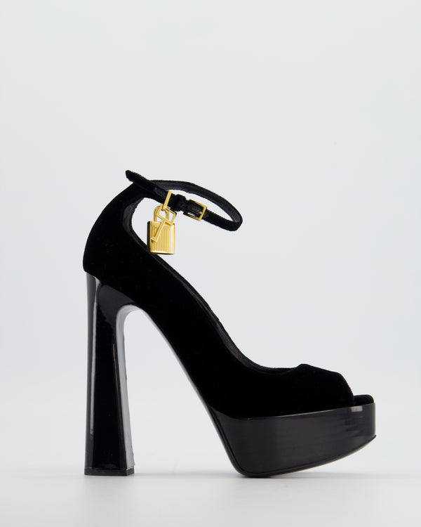 Tom Ford Black Velvet Platform Heels with Gold Ankle Lock Detail Size EU 38