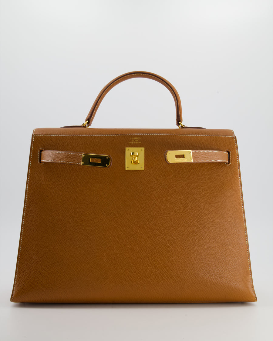 Hermès Vintage Gold Kelly 35cm Sellier Bag in Courchevel Leather and Gold Hardware