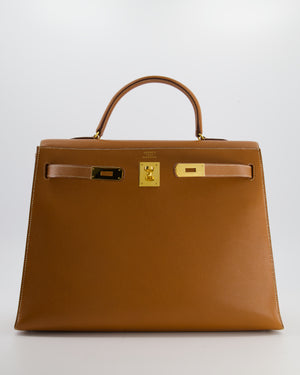 Hermès Vintage Gold Kelly 35cm Sellier Bag in Courchevel Leather and Gold Hardware
