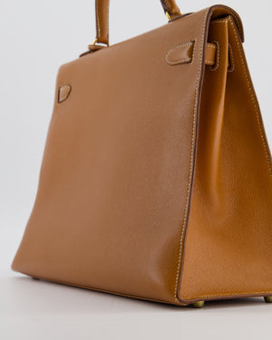 Hermès Vintage Gold Kelly 35cm Sellier Bag in Courchevel Leather and Gold Hardware