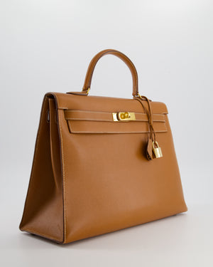 Hermès Vintage Gold Kelly 35cm Sellier Bag in Courchevel Leather and Gold Hardware