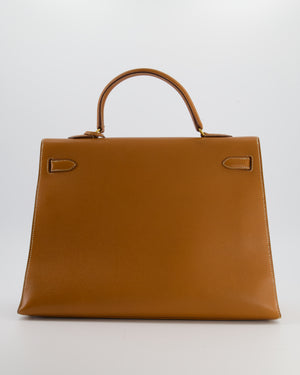 Hermès Vintage Gold Kelly 35cm Sellier Bag in Courchevel Leather and Gold Hardware