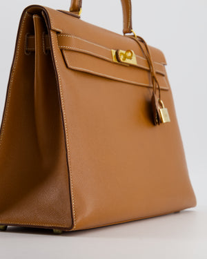 Hermès Vintage Gold Kelly 35cm Sellier Bag in Courchevel Leather and Gold Hardware