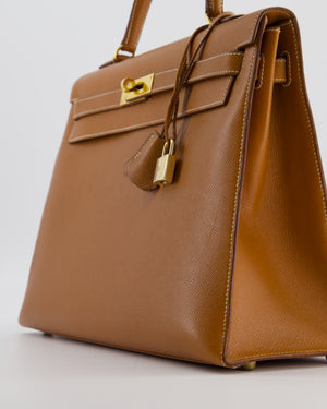 Hermès Vintage Gold Kelly 35cm Sellier Bag in Courchevel Leather and Gold Hardware