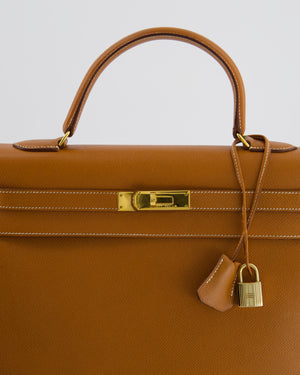 Hermès Vintage Gold Kelly 35cm Sellier Bag in Courchevel Leather and Gold Hardware