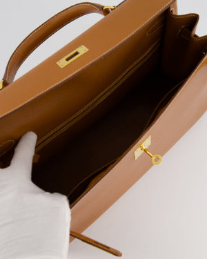 Hermès Vintage Gold Kelly 35cm Sellier Bag in Courchevel Leather and Gold Hardware