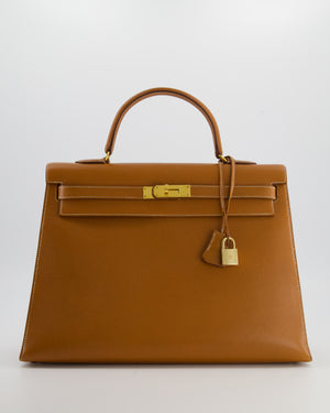 Hermès Vintage Gold Kelly 35cm Sellier Bag in Courchevel Leather and Gold Hardware