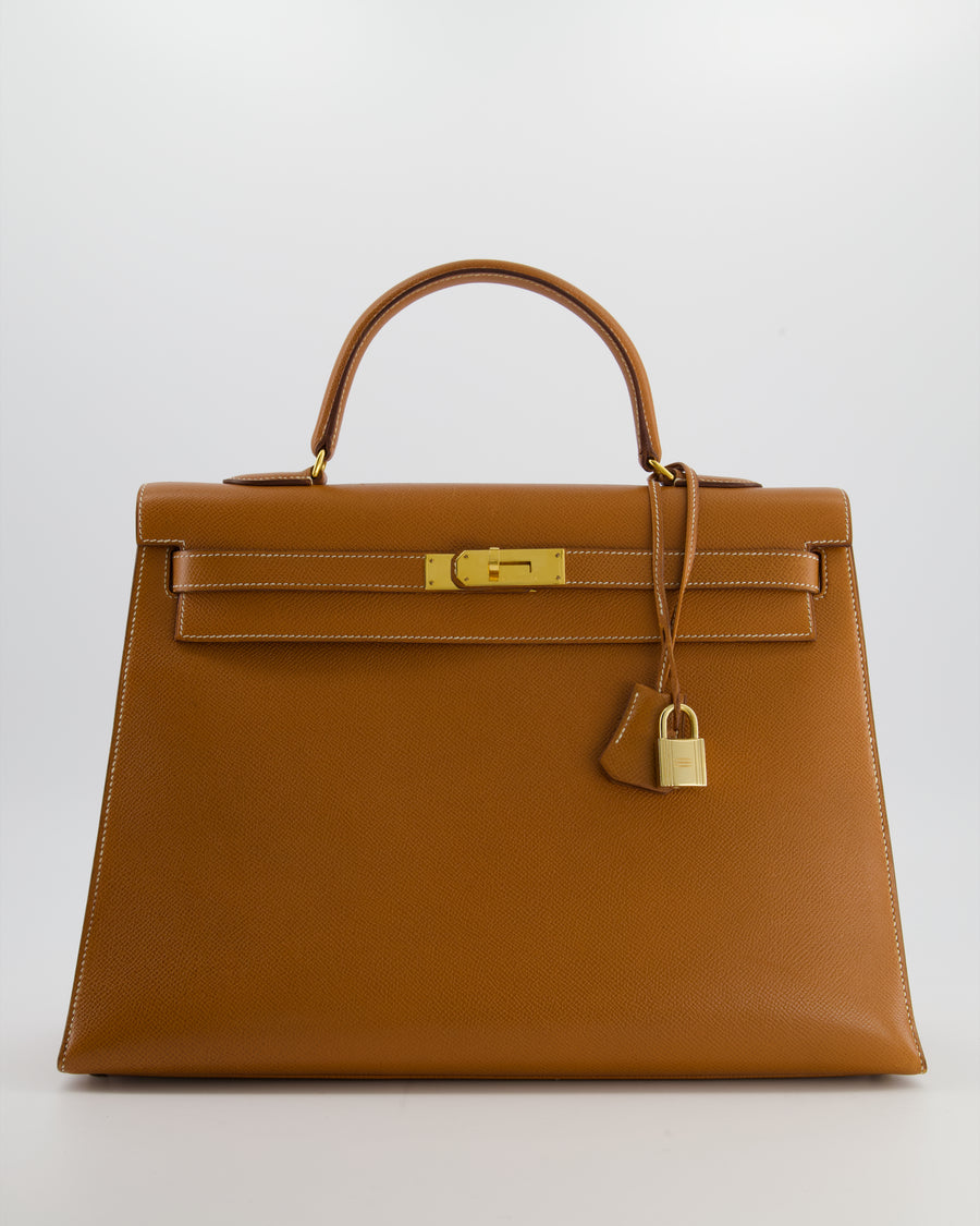 Hermès Vintage Gold Kelly 35cm Sellier Bag in Courchevel Leather and Gold Hardware