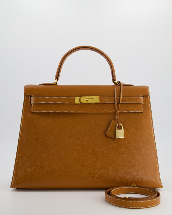 Hermès Vintage Gold Kelly 35cm Sellier Bag in Courchevel Leather and Gold Hardware