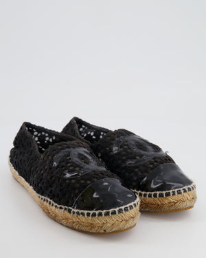 Chanel Black Lace Espadrilles with Patent Leather CC Logo and Toe Cap Detail Size EU 40