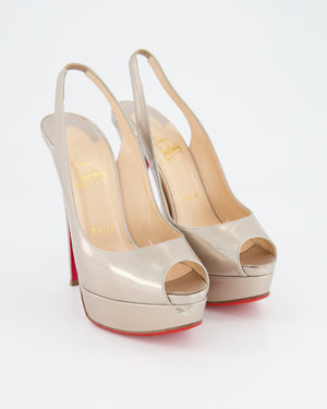 Christian Louboutin Metallic Gold Patent Leather Lady Peep Slingback Open-Toe Platform Heeled Shoes Size EU 38.5