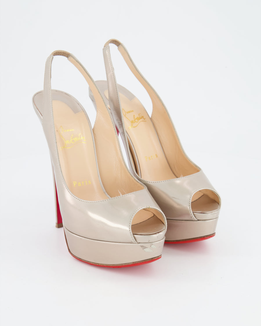 Christian Louboutin Metallic Gold Patent Leather Lady Peep Slingback Open-Toe Platform Heeled Shoes Size EU 38.5