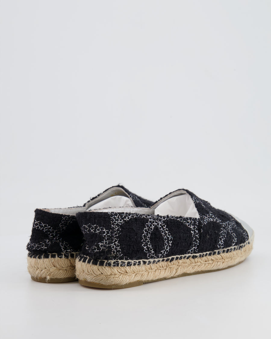 Chanel Black CC Tweed Espadrilles with Silver Metallic Logo Size EU 40