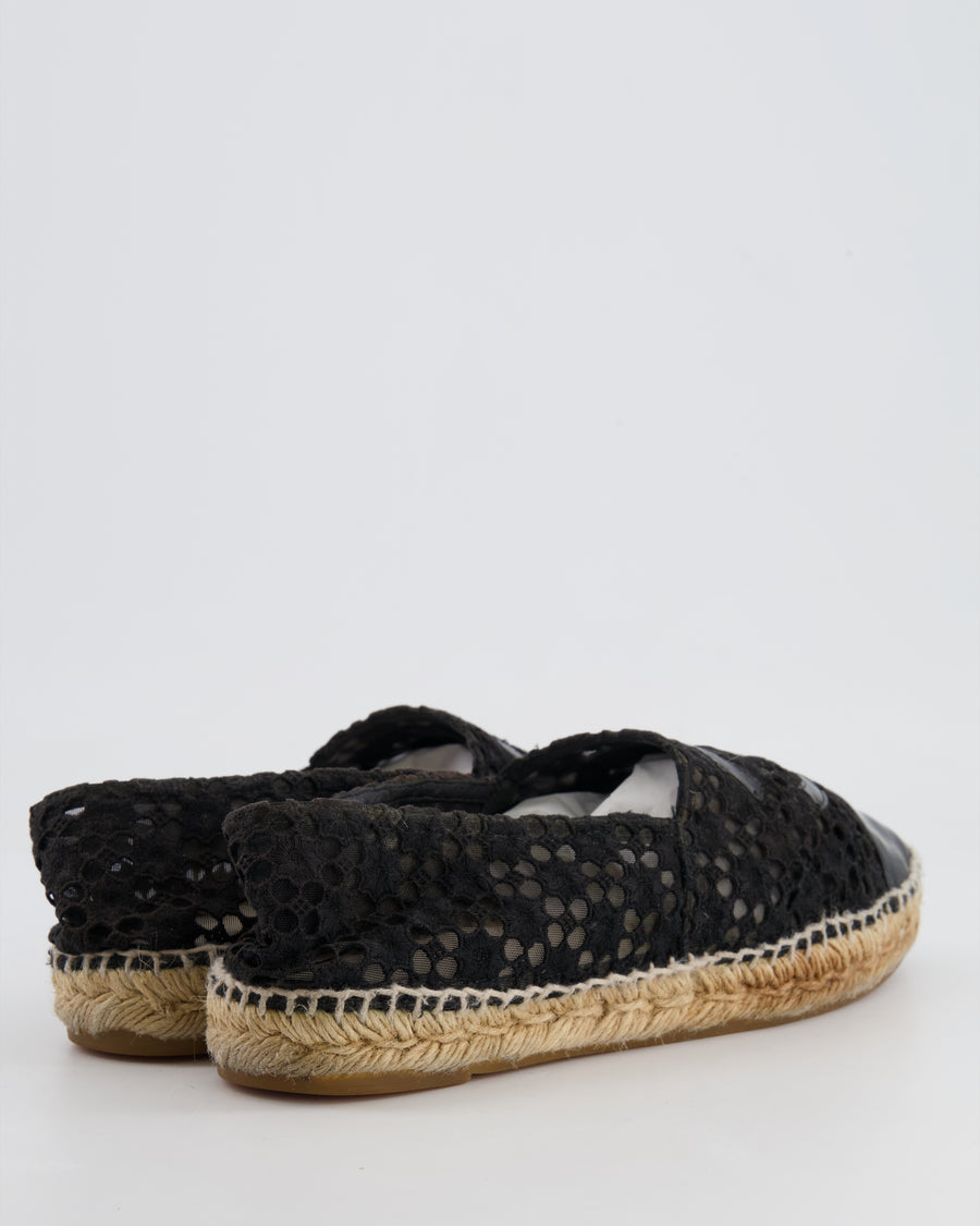 Chanel Black Lace Espadrilles with Patent Leather CC Logo and Toe Cap Detail Size EU 40