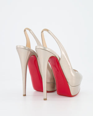 Christian Louboutin Metallic Gold Patent Leather Lady Peep Slingback Open-Toe Platform Heeled Shoes Size EU 38.5