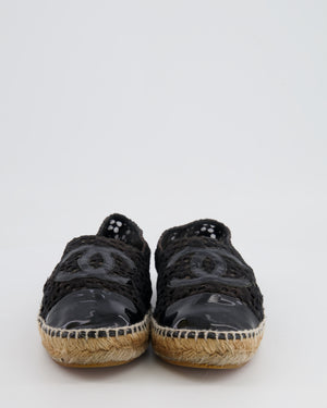 Chanel Black Lace Espadrilles with Patent Leather CC Logo and Toe Cap Detail Size EU 40