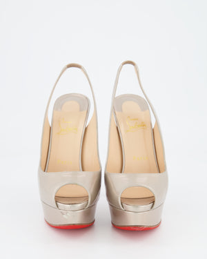 Christian Louboutin Metallic Gold Patent Leather Lady Peep Slingback Open-Toe Platform Heeled Shoes Size EU 38.5