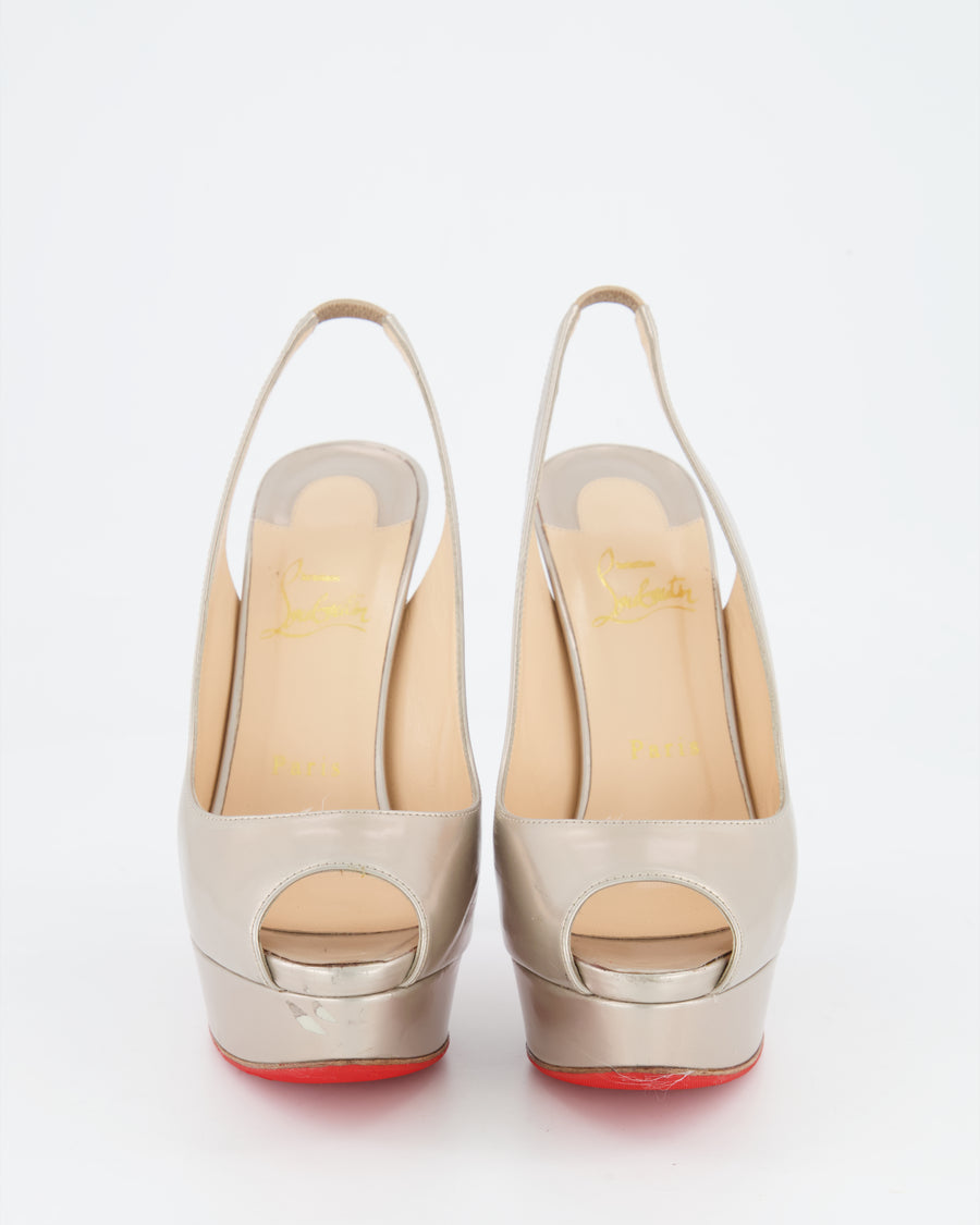 Christian Louboutin Metallic Gold Patent Leather Lady Peep Slingback Open-Toe Platform Heeled Shoes Size EU 38.5