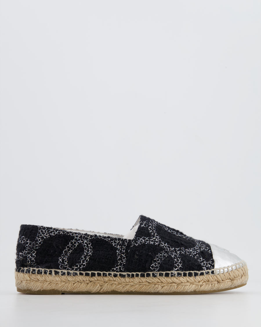 Chanel Black CC Tweed Espadrilles with Silver Metallic Logo Size EU 40