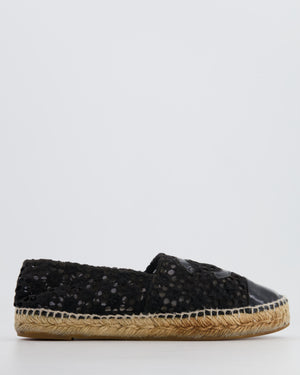 Chanel Black Lace Espadrilles with Patent Leather CC Logo and Toe Cap Detail Size EU 40