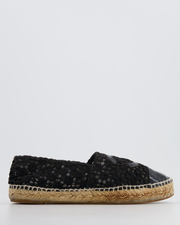 Chanel Black Lace Espadrilles with Patent Leather CC Logo and Toe Cap Detail Size EU 40