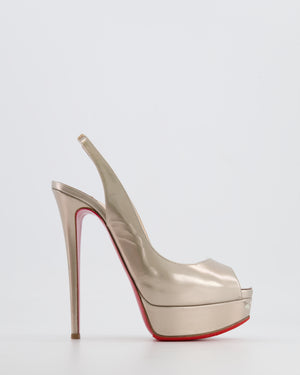 Christian Louboutin Metallic Gold Patent Leather Lady Peep Slingback Open-Toe Platform Heeled Shoes Size EU 38.5
