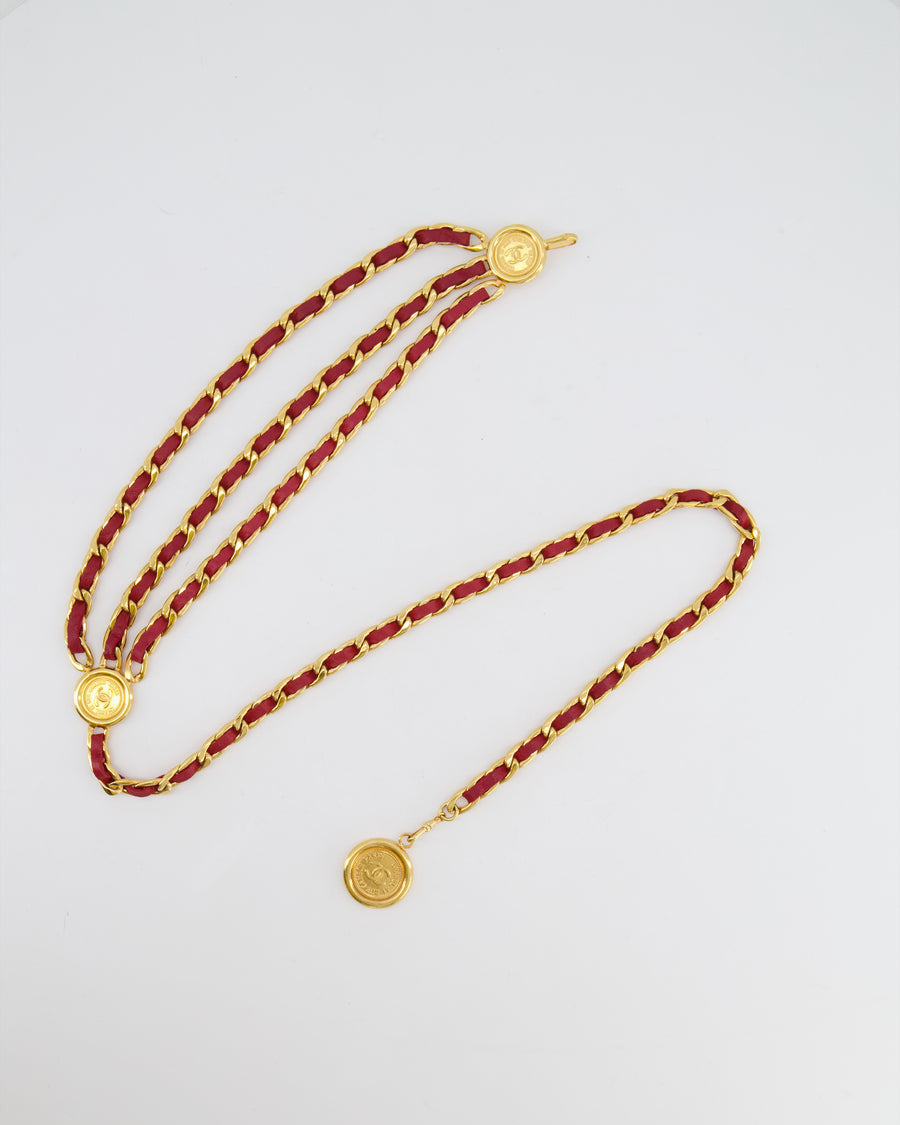 Chanel 1990/1991 Vintage Gold and Deep Red Chain Belt with CC Logo Medallions&nbsp;