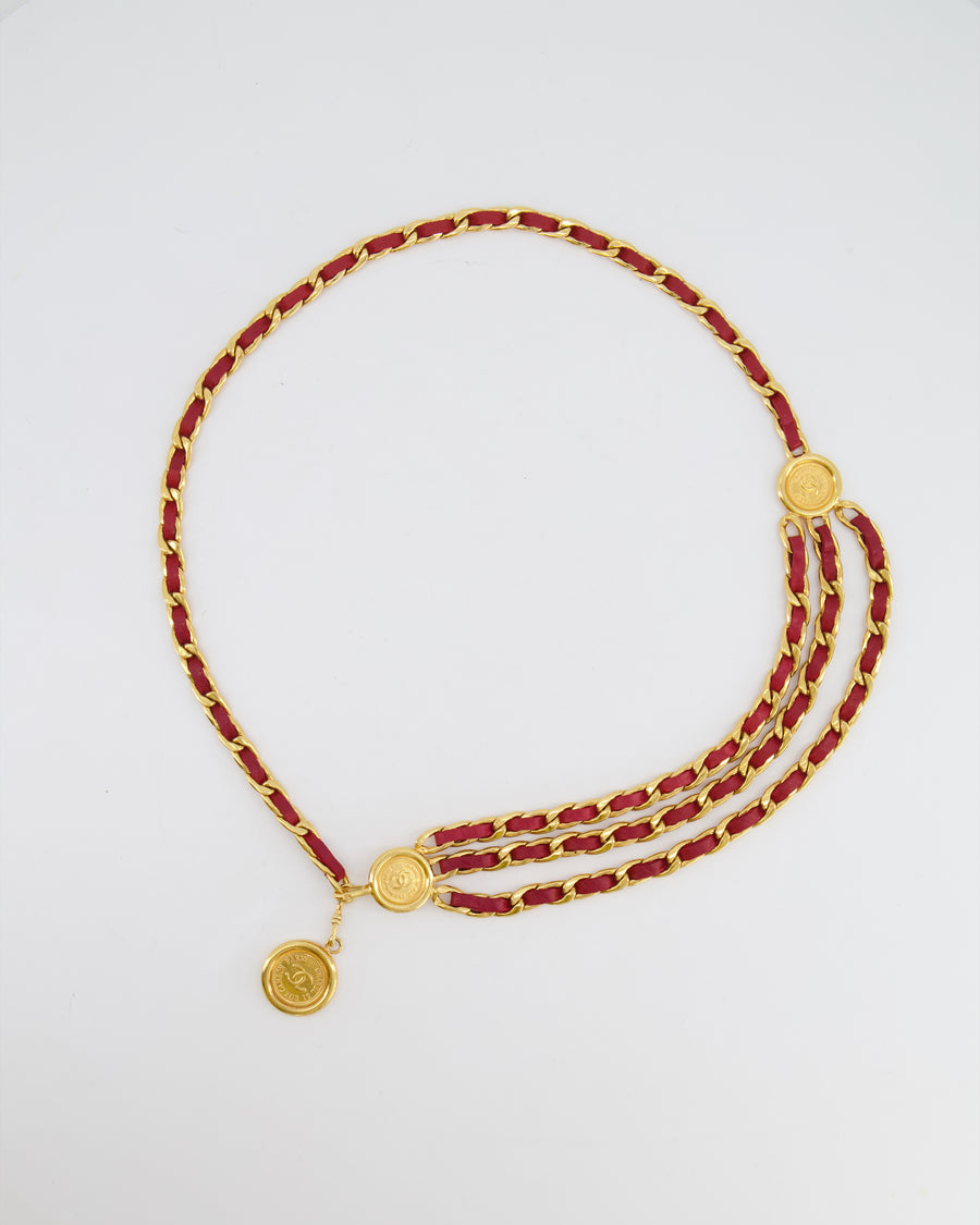 Chanel 1990/1991 Vintage Gold and Deep Red Chain Belt with CC Logo Medallions&nbsp;