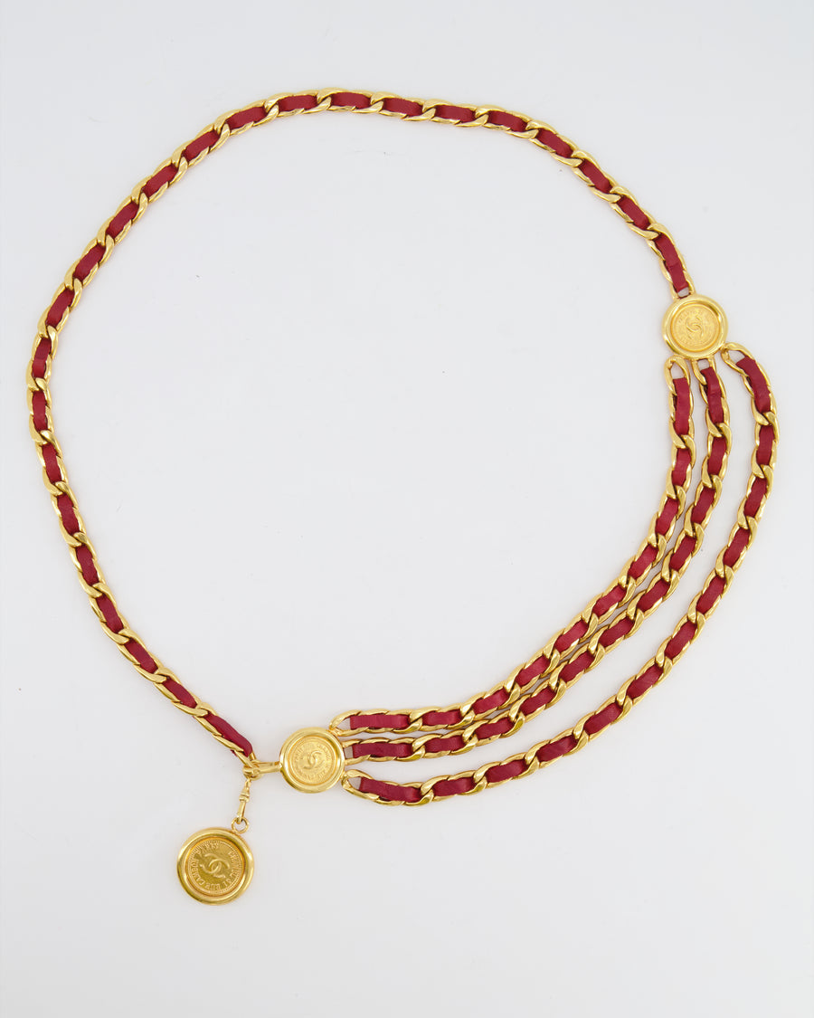 Chanel 1990/1991 Vintage Gold and Deep Red Chain Belt with CC Logo Medallions&nbsp;