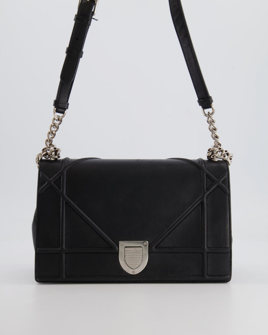 Christian Dior Black Leather Diorama Bag with Silver Hardware and Chain Strap Detail