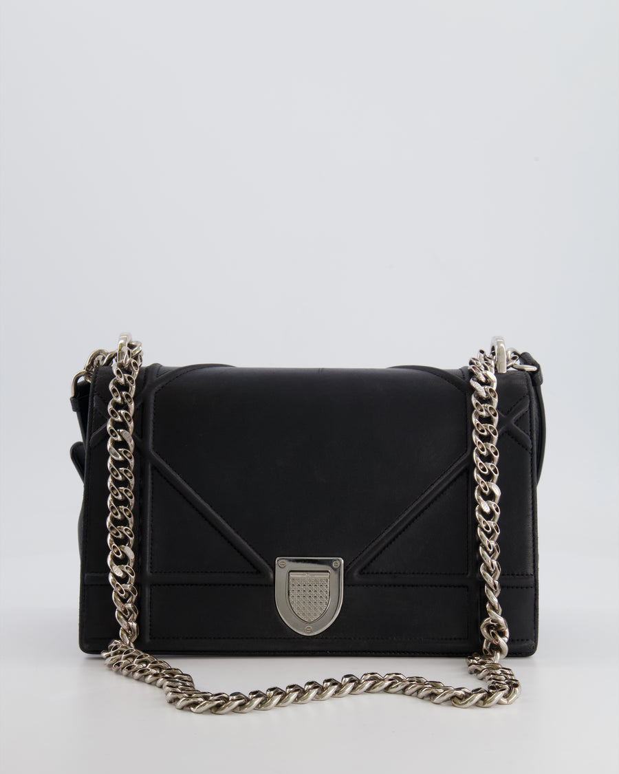 Christian Dior Black Leather Diorama Bag with Silver Hardware and Chain Strap Detail