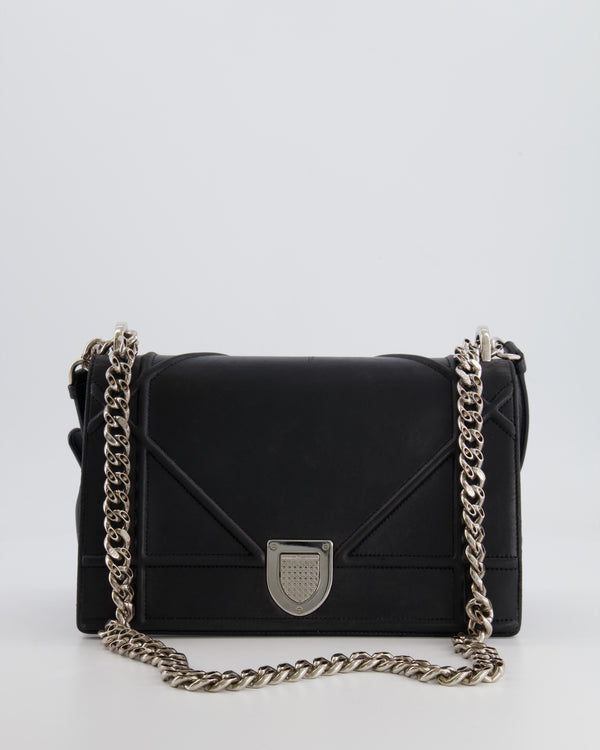 Christian Dior Black Leather Diorama Bag with Silver Hardware and Chain Strap Detail